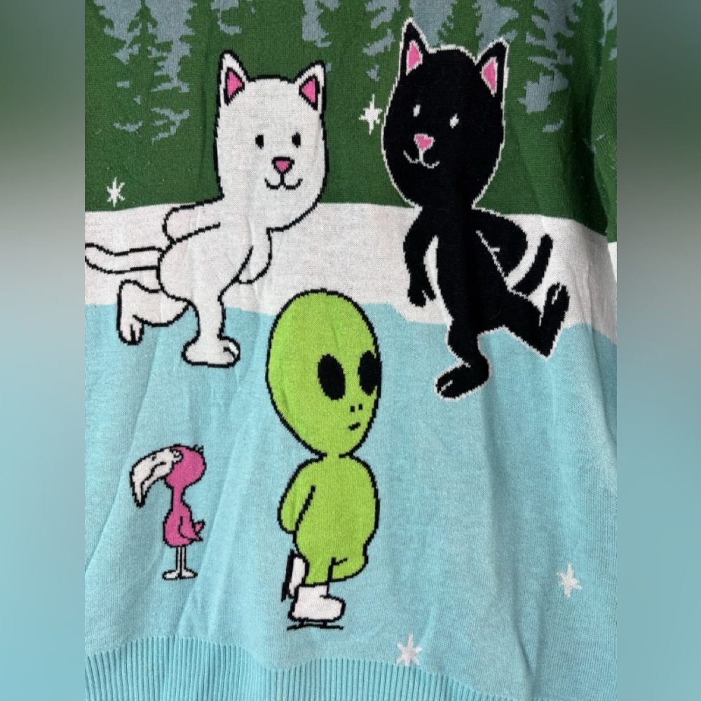 Ripndip M Ice Rink Blue and Green Sweater with Cats and Alien - Picture 2 of 7